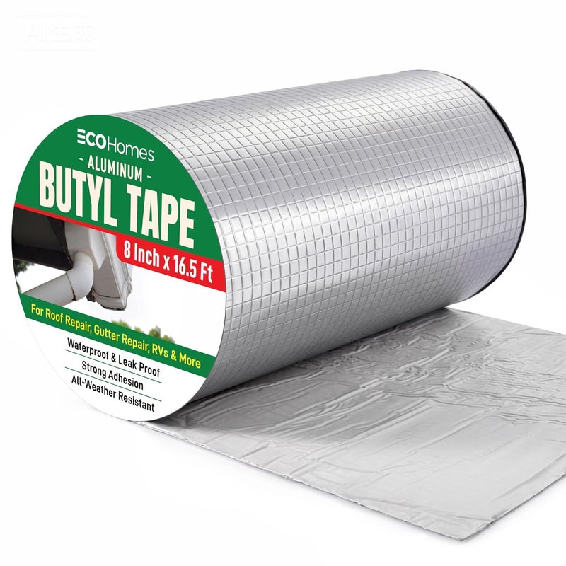 ECOHomes Aluminum Butyl Tape, Waterproof Aluminum Foil Tape for Leaks (8 Inch Wide) | Butyl Seal Tape for Roofs, Gutter Repair, Gutter Holes, Pipes, Metal Roof Patch, RV, Plumbing and Outdoor Sealing - Image 1